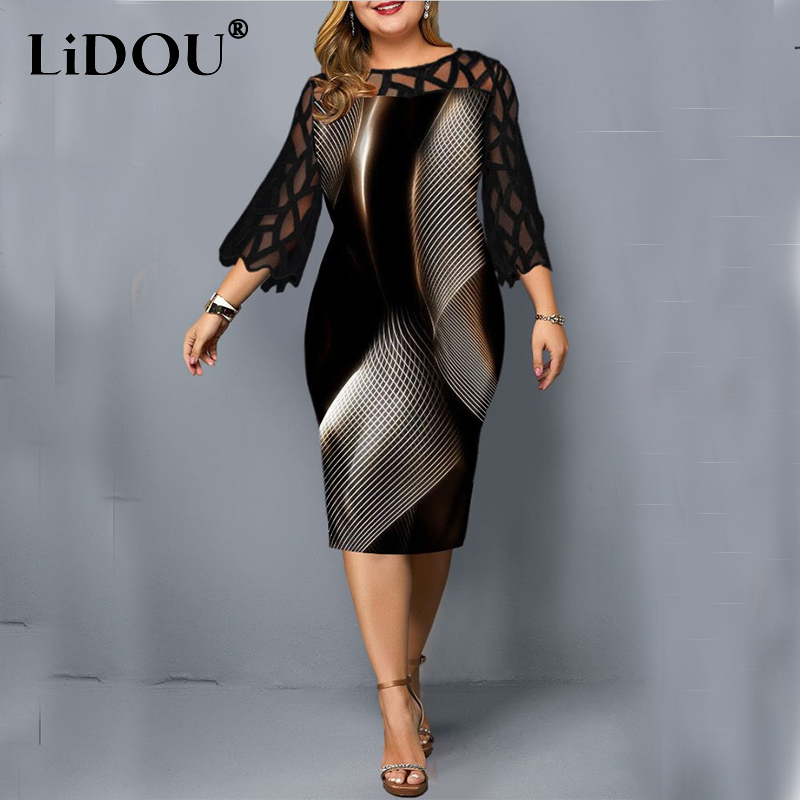 Winter Clothing For Plus Size Women - 여성용 레이스 프린트 할로우 아웃 바디콘
